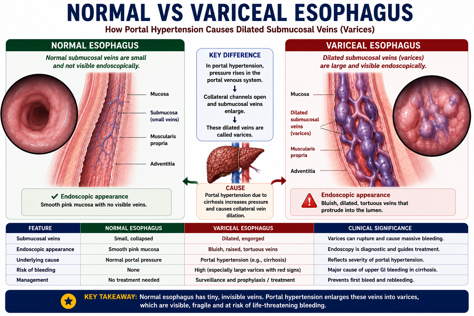 Side-by-side diagram comparing a normal esophagus with a normal mucosal appearance against an esophagus with dilated submucosal varices visible as prominent blue-purple vessels
