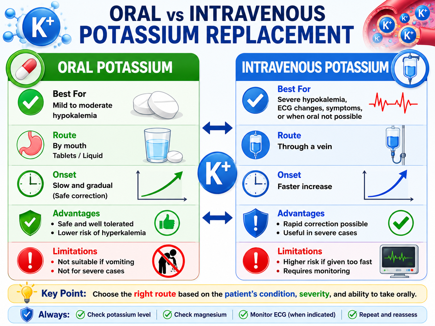 Comparison of oral and intravenous potassium replacement showing when each approach is preferred
