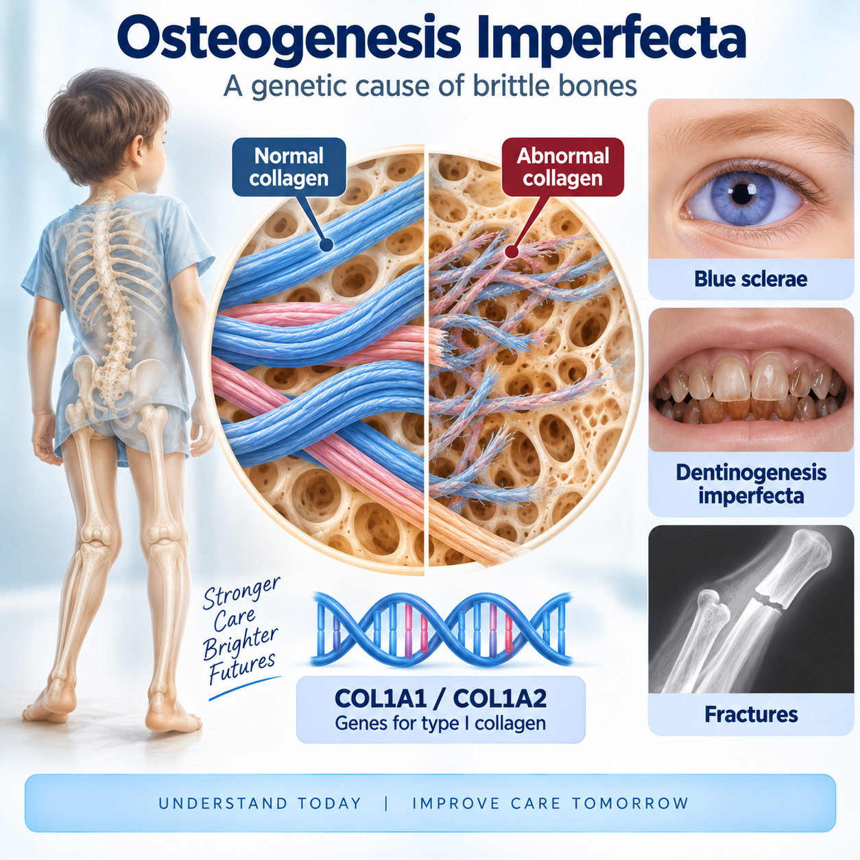 Osteogenesis imperfecta showing COL1A1 COL1A2-related abnormal type I collagen, bone fragility, blue sclerae and dental involvement.