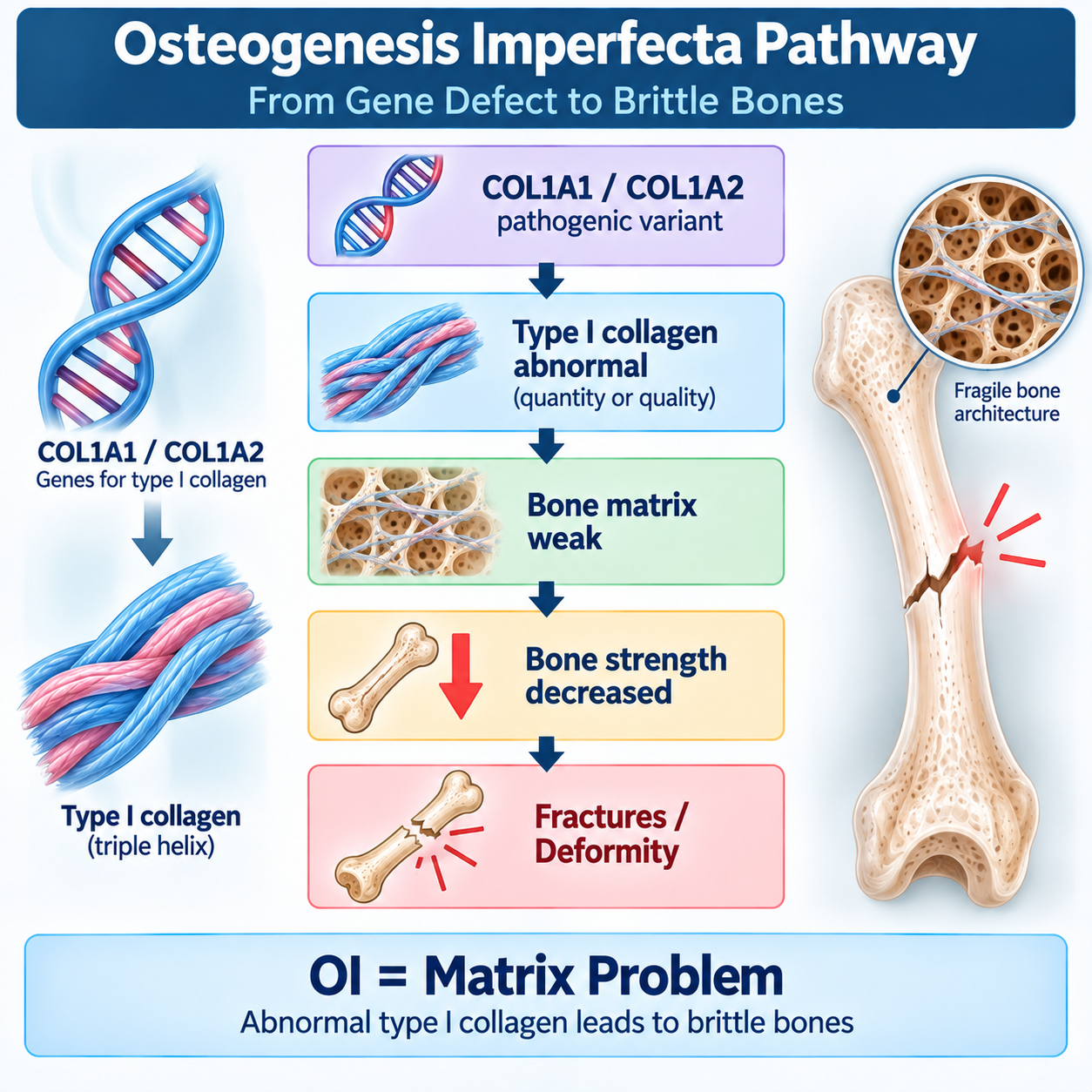 Osteogenesis imperfecta pathway from COL1A1 or COL1A2 defect to abnormal type I collagen, weak bone matrix and fractures.