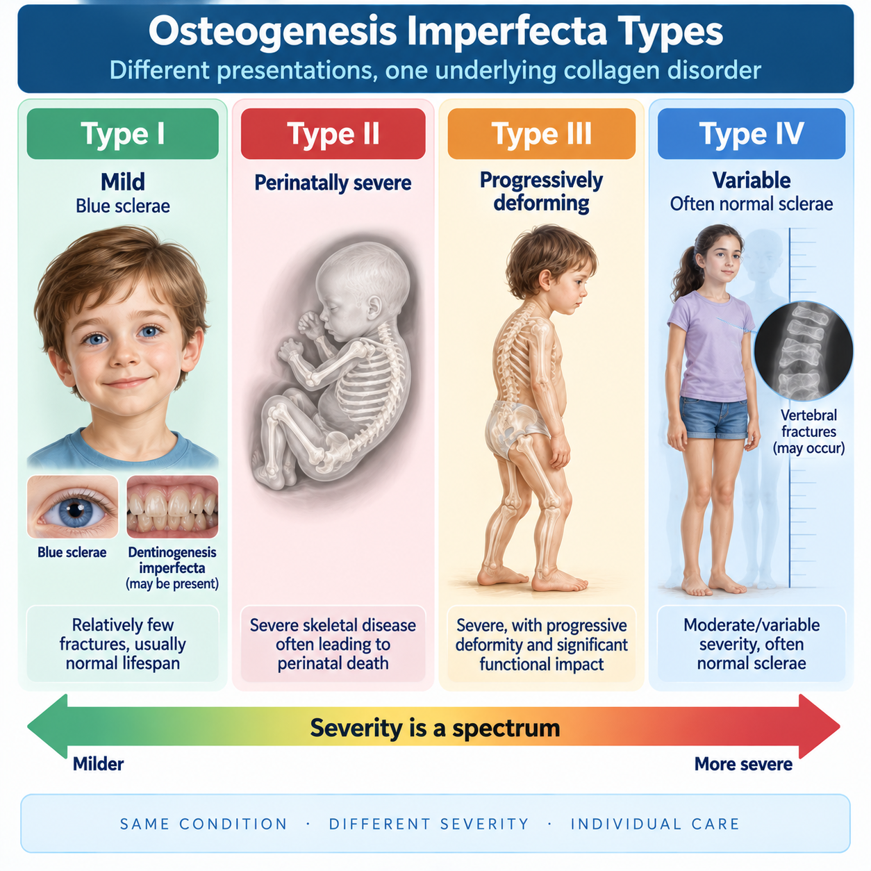 Comparison of osteogenesis imperfecta types I II III and IV from mild blue-sclera disease to severe progressively deforming and perinatal disease.