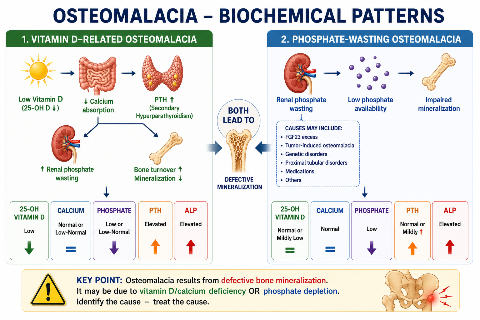 Diagram comparing vitamin D calcium-related osteomalacia and phosphate-wasting osteomalacia laboratory pathways.