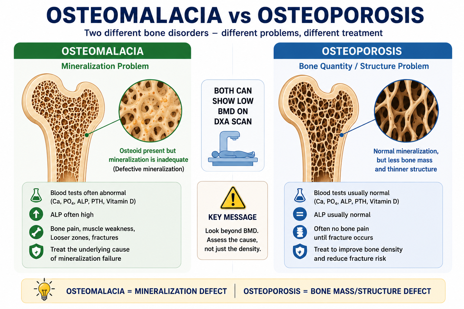 Illustration comparing osteomalacia as poorly mineralized osteoid with osteoporosis as reduced bone mass and microarchitectural deterioration.