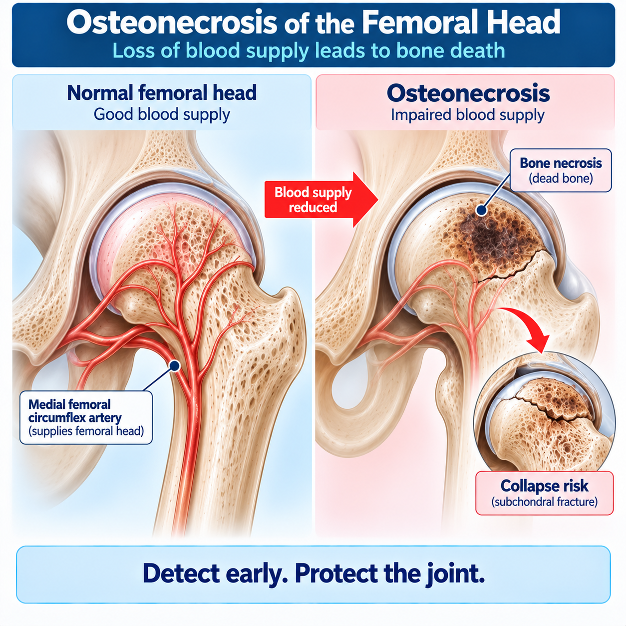 Osteonecrosis of the femoral head showing impaired blood supply, necrotic subchondral bone and risk of femoral head collapse.
