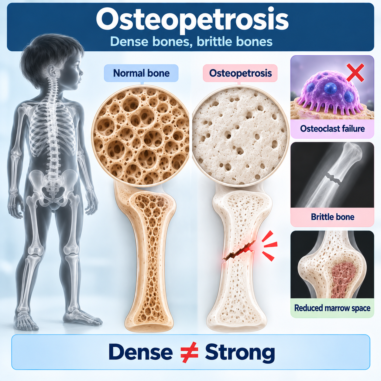 Osteopetrosis showing osteoclast failure causing abnormally dense but brittle bone and fractures.