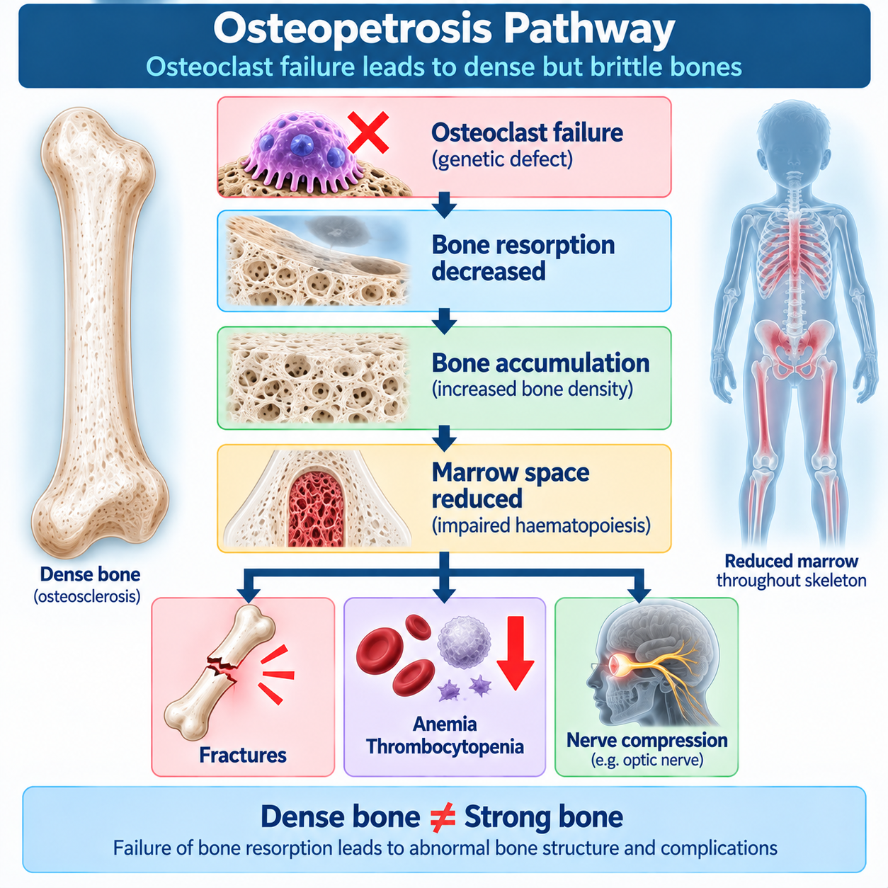 Osteopetrosis pathway from osteoclast failure and reduced bone resorption to osteosclerosis fractures marrow failure and nerve compression.