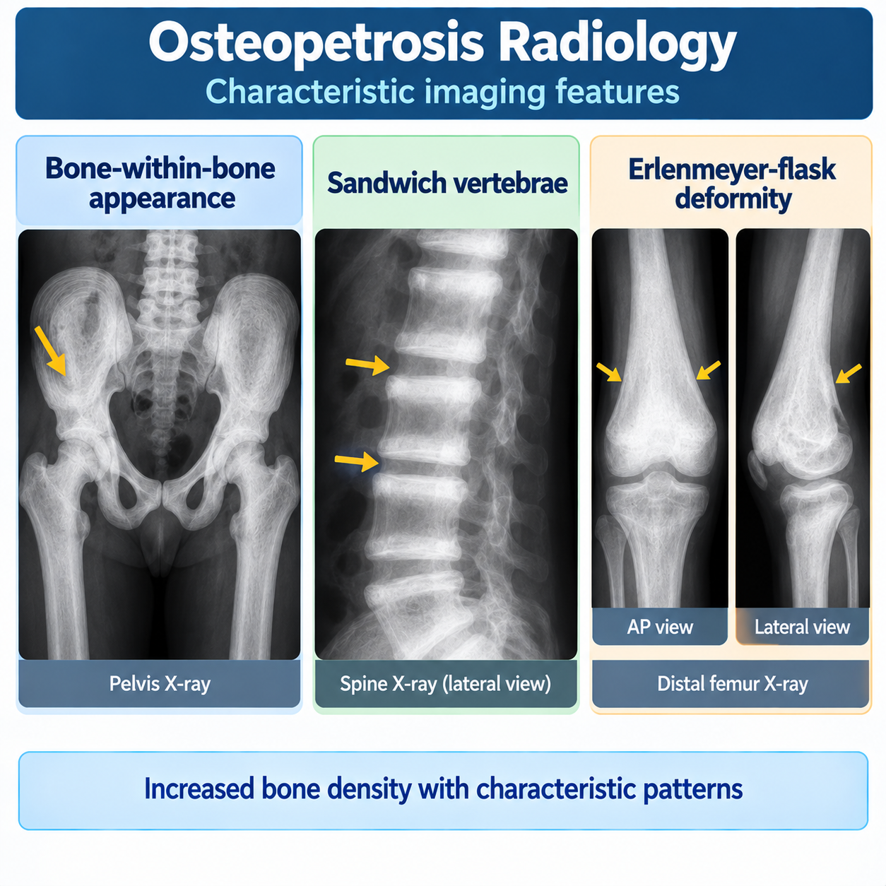 Classic osteopetrosis radiology showing bone-within-bone appearance sandwich vertebrae and Erlenmeyer-flask metaphyseal modeling.