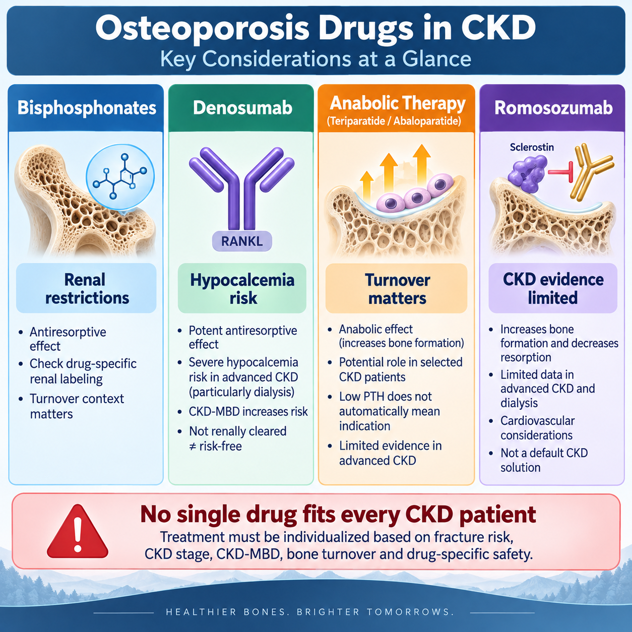 Comparison of bisphosphonates denosumab anabolic therapy and romosozumab considerations in chronic kidney disease.