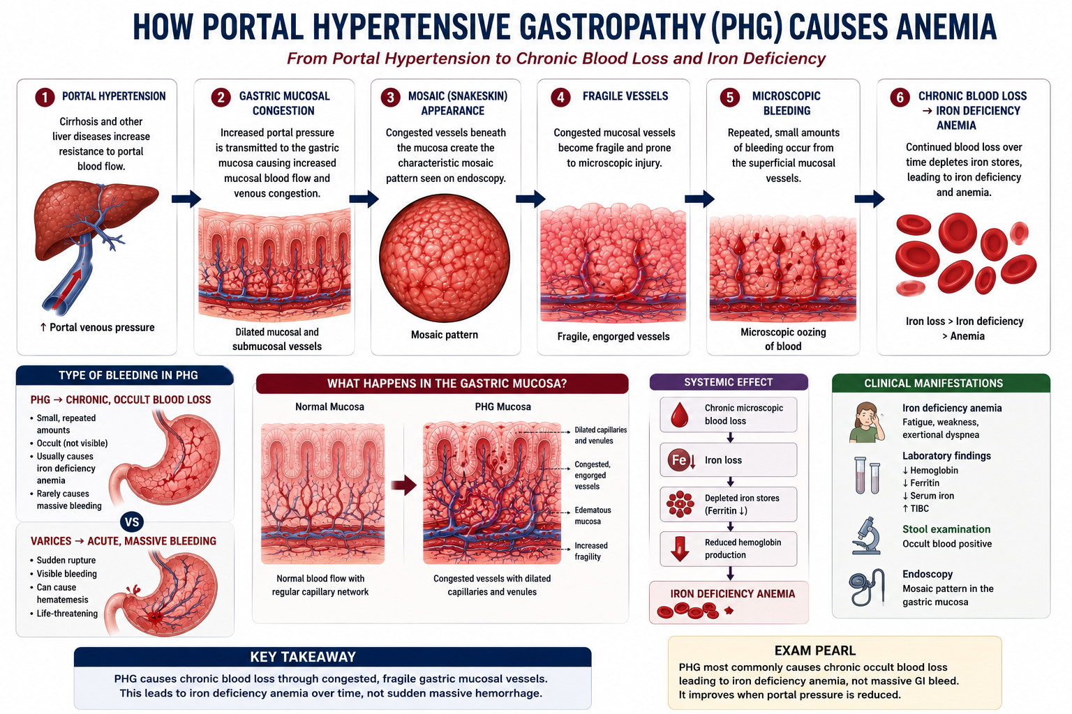 Flowchart showing how portal hypertensive gastropathy causes iron deficiency anaemia through fragile vessels microscopic bleeding chronic iron loss and gradual depletion of iron stores
