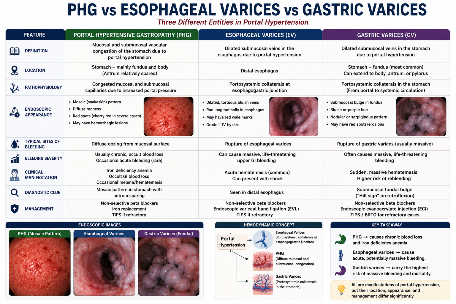 Comparison diagram between portal hypertensive gastropathy with diffuse mucosal congestion and chronic occult bleeding versus gastric varices with large dilated veins and risk of massive acute haemorrhage