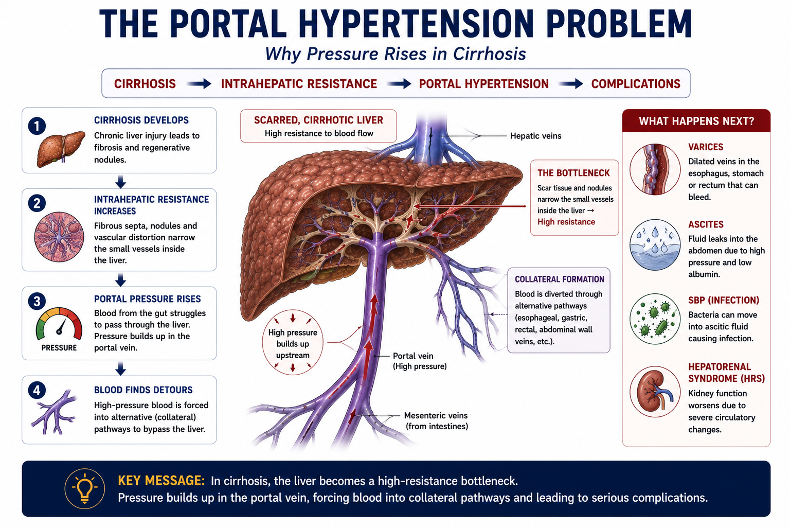 Diagram showing portal vein blood entering the scarred cirrhotic liver where increased resistance causes pressure buildup upstream driving the complications of portal hypertension