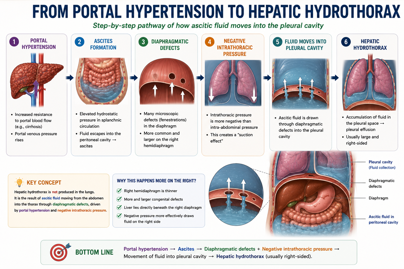 Pathophysiology flowchart showing portal hypertension leading to ascites formation then fluid movement through small diaphragmatic defects driven by negative intrathoracic pressure into the pleural cavity producing hepatic hydrothorax
