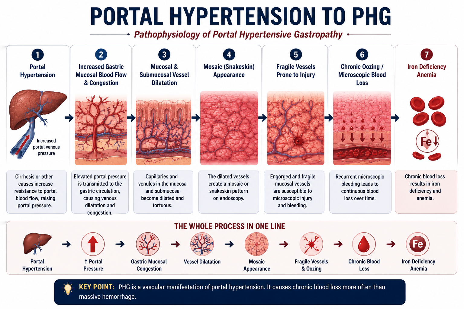 Flowchart showing pathophysiology from portal hypertension through increased venous pressure gastric mucosal congestion dilated vessels mosaic appearance fragile vessels and chronic blood loss