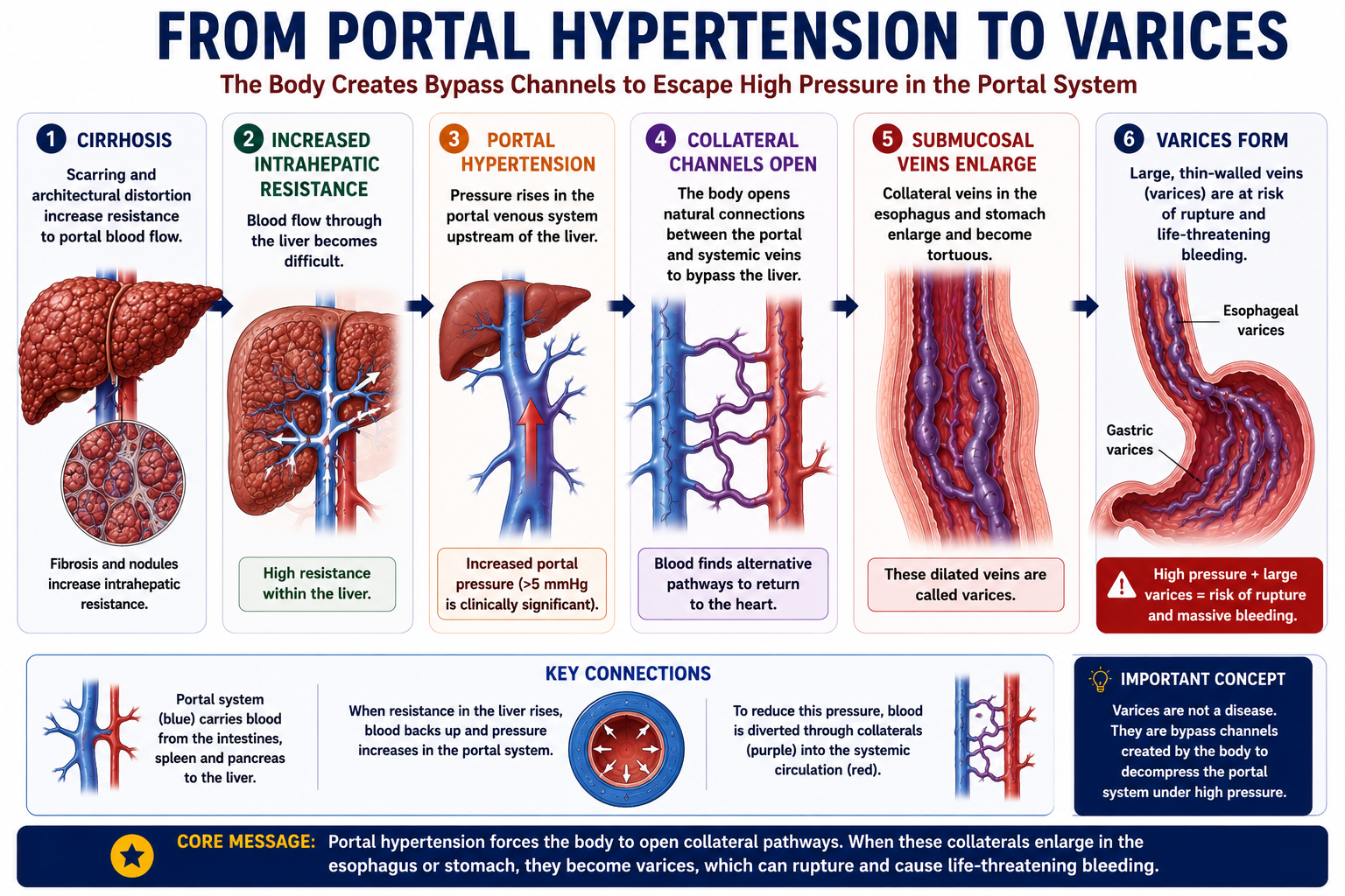 Flow diagram showing cirrhosis increasing intrahepatic resistance causing portal hypertension which opens portosystemic collaterals forming esophageal and gastric varices