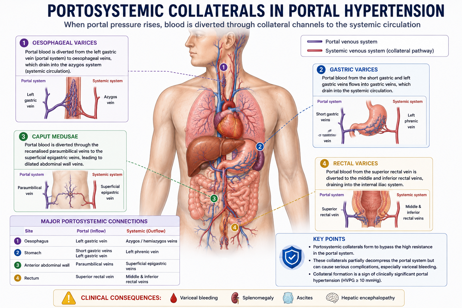 Diagram of portosystemic collateral pathways in portal hypertension including oesophageal gastric umbilical and rectal collateral routes