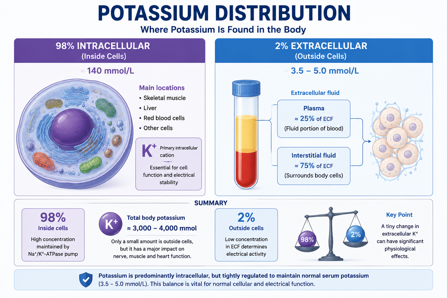Distribution of total body potassium between intracellular and extracellular compartments