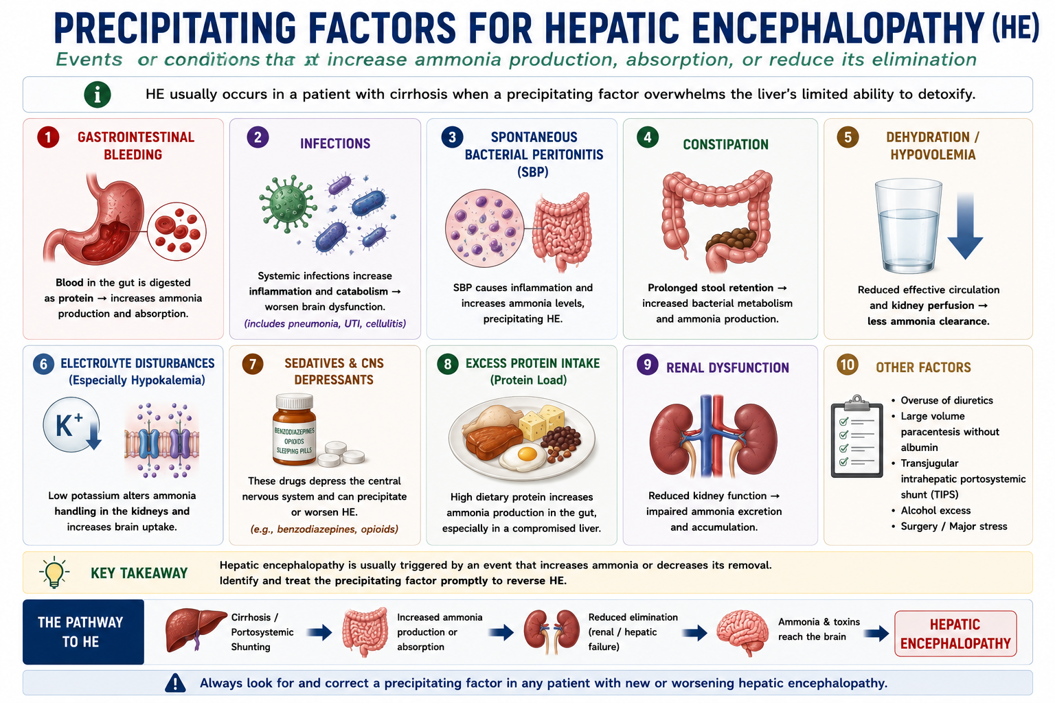 Summary diagram of common precipitating factors for hepatic encephalopathy including GI bleeding infection SBP constipation dehydration hypokalaemia sedatives excess protein and TIPS with their mechanisms