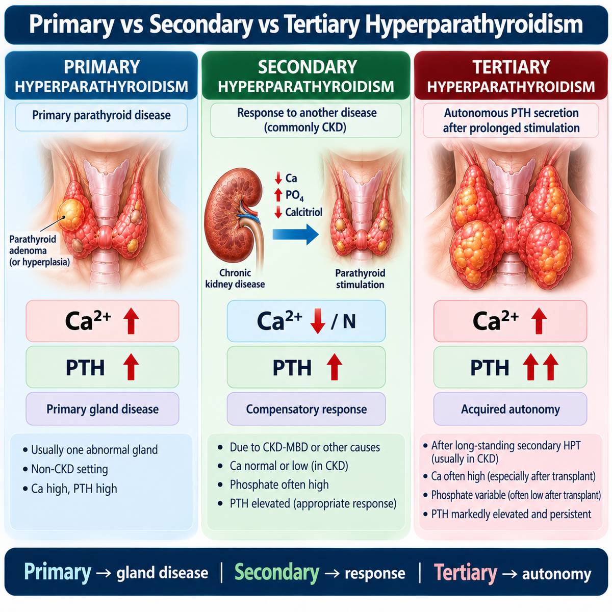 Comparison of primary secondary and tertiary hyperparathyroidism using calcium PTH and underlying mechanism.