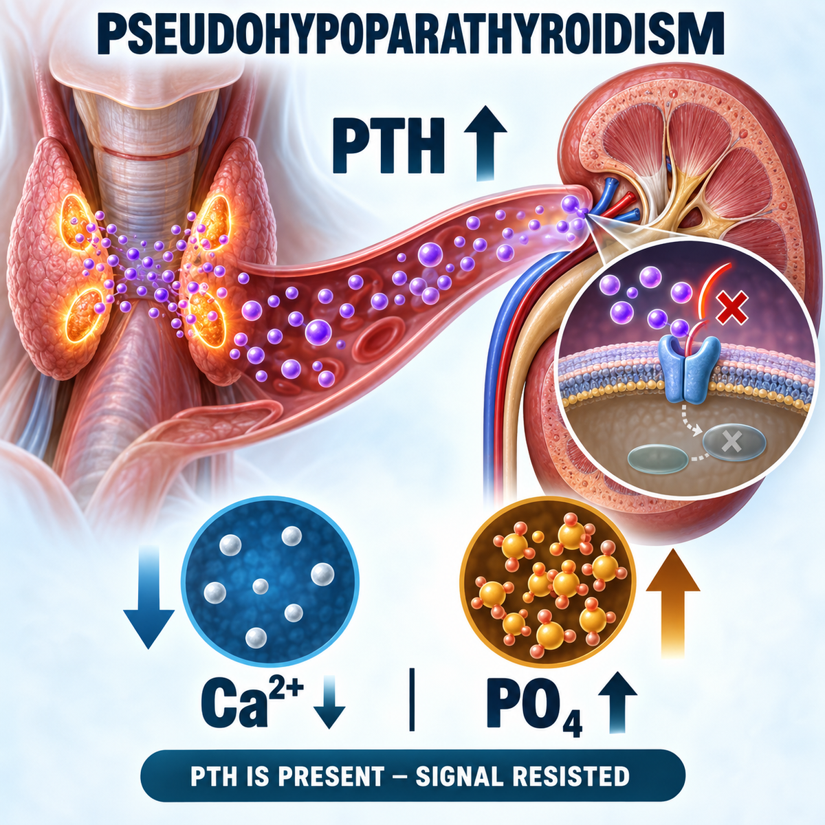Medical illustration showing elevated PTH with renal PTH resistance causing low calcium and high phosphate in pseudohypoparathyroidism.