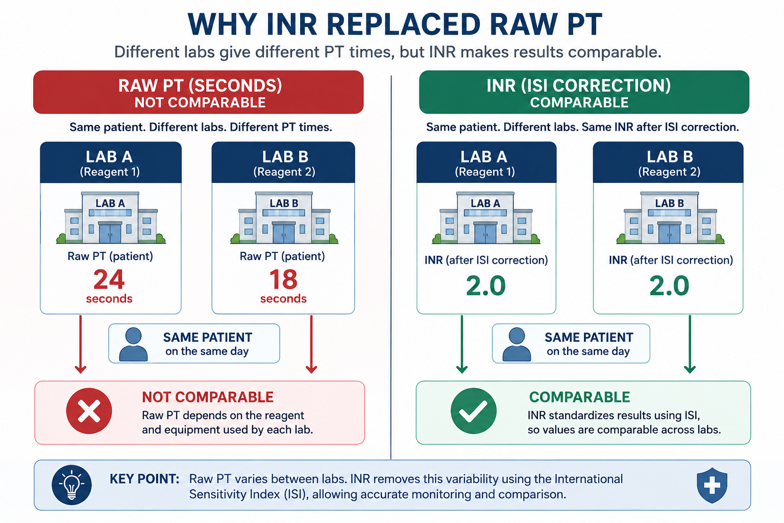 PT vs INR comparison infographic showing how INR standardises PT across laboratories
