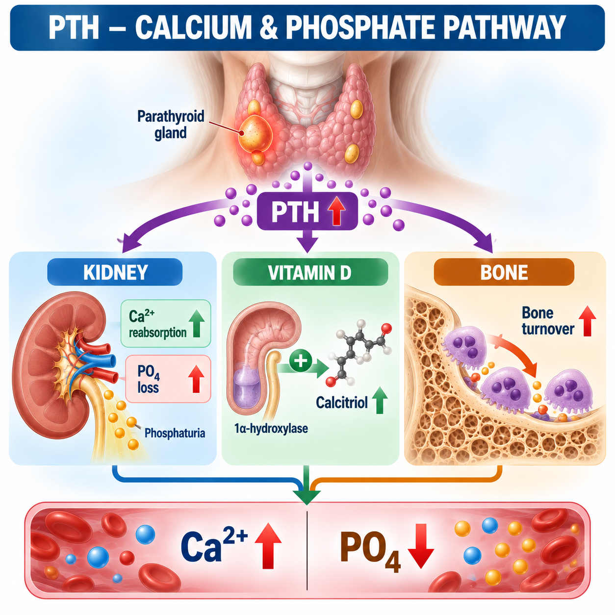 Diagram showing PTH effects on kidney calcium and phosphate handling, calcitriol production and bone turnover.