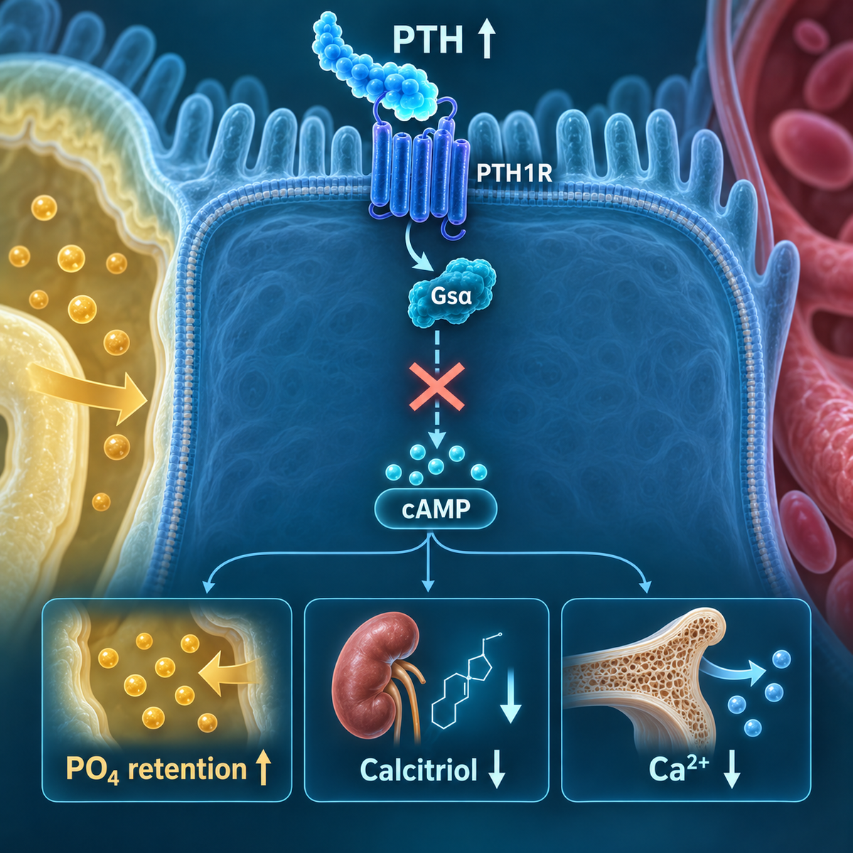 Diagram showing impaired PTH1 receptor Gs-alpha cAMP signalling causing phosphate retention, reduced calcitriol response and hypocalcemia.