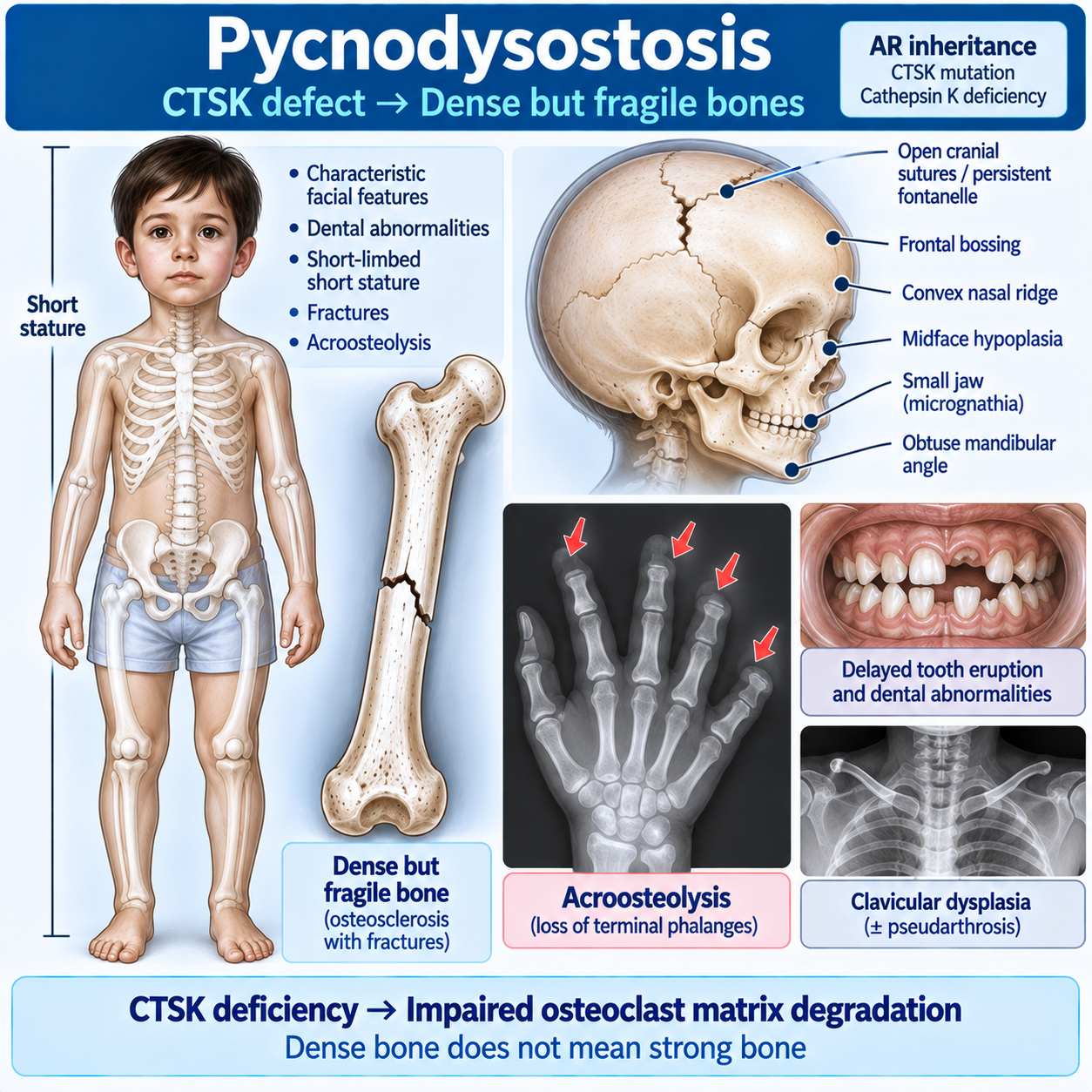 Pycnodysostosis showing CTSK-related cathepsin K deficiency, dense but fragile bones, fractures and distal phalangeal acroosteolysis.