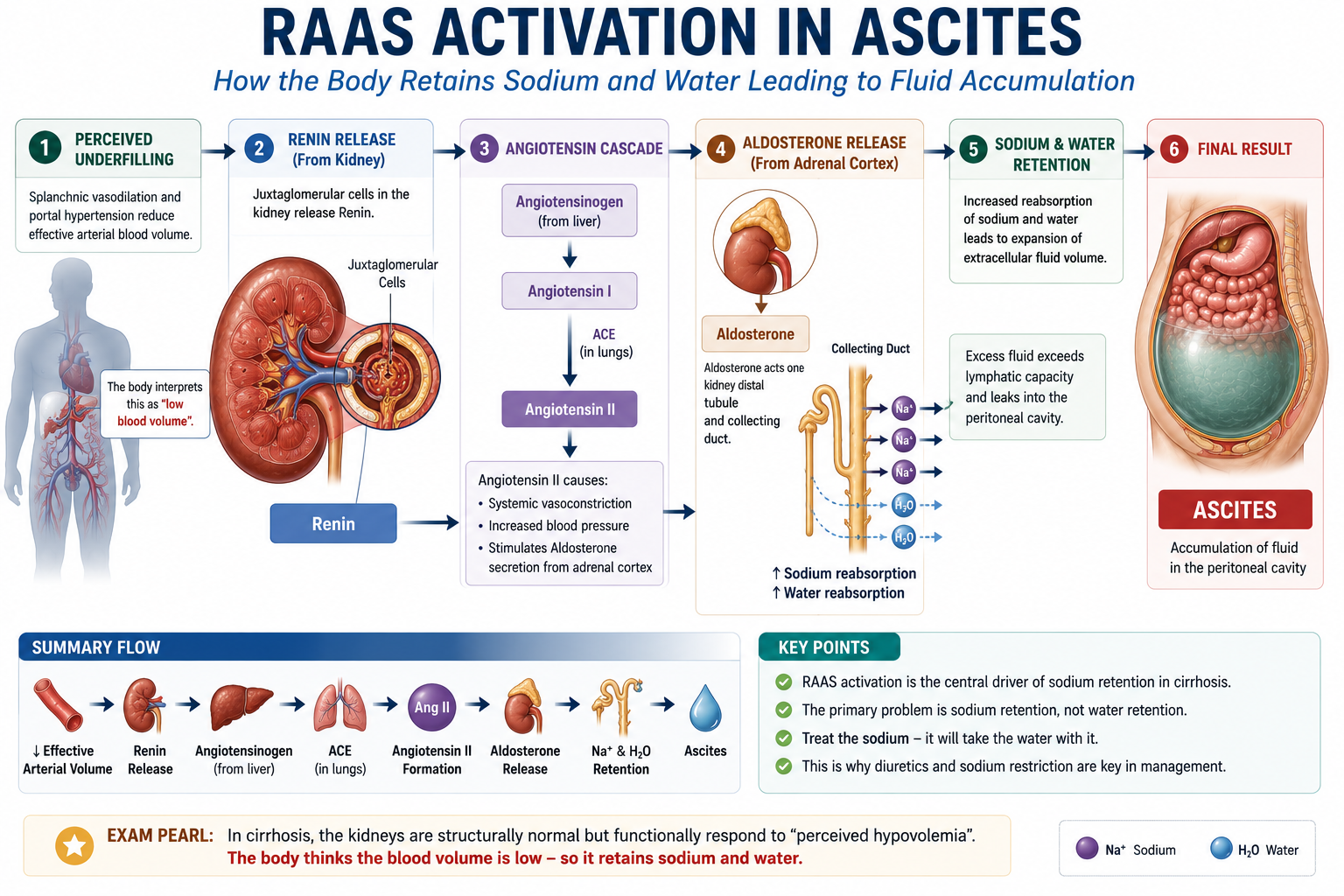Diagram showing RAAS activation in cirrhotic ascites from reduced renal perfusion through renin angiotensin aldosterone to sodium retention