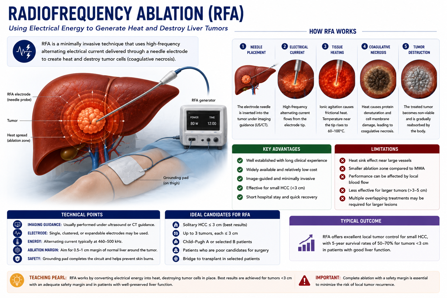 Radiofrequency ablation HCC showing electrode needle alternating current tissue heating and tumor necrosis