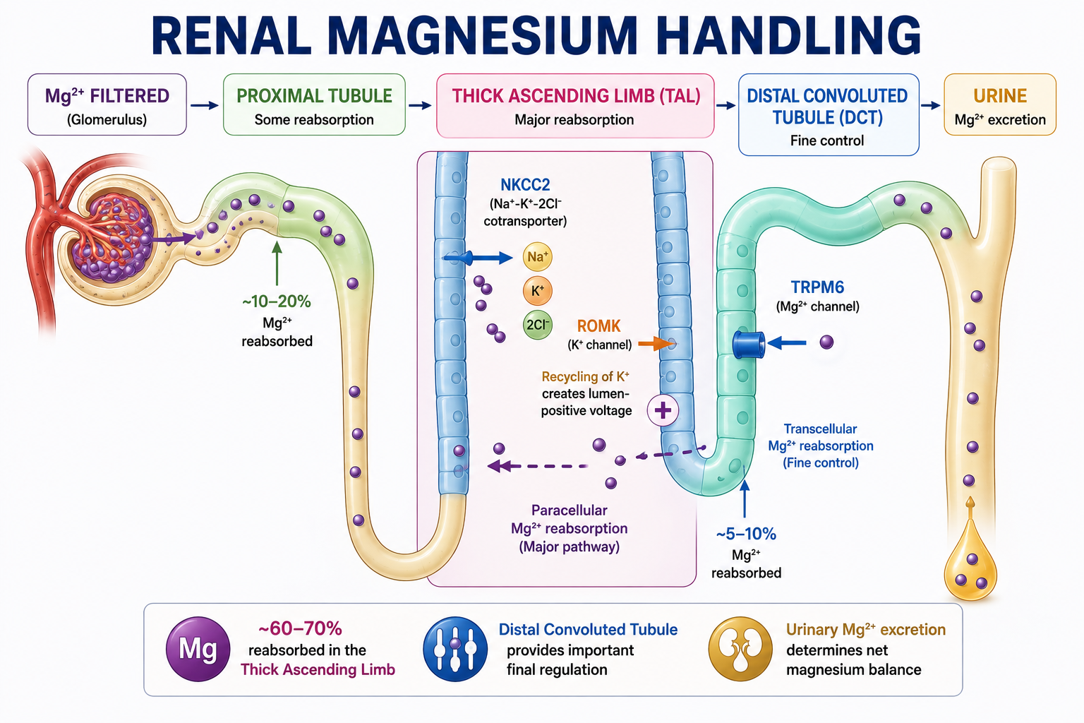 Nephron illustration showing magnesium reabsorption in the proximal tubule, thick ascending limb and distal convoluted tubule, including NKCC2, ROMK and TRPM6.