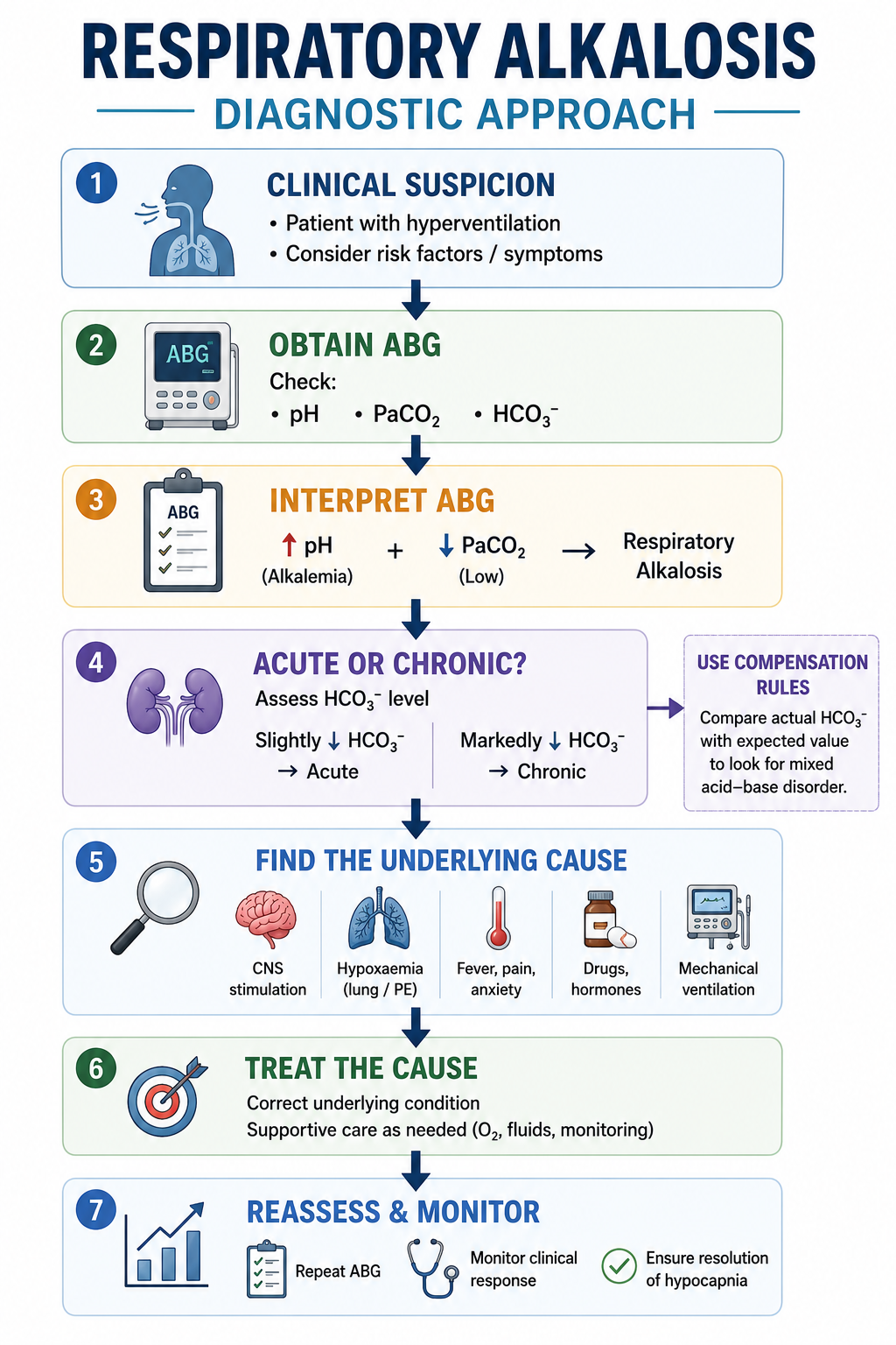 Clinical diagnostic approach for respiratory alkalosis beginning with arterial blood gas interpretation and progressing to identification of the underlying cause
