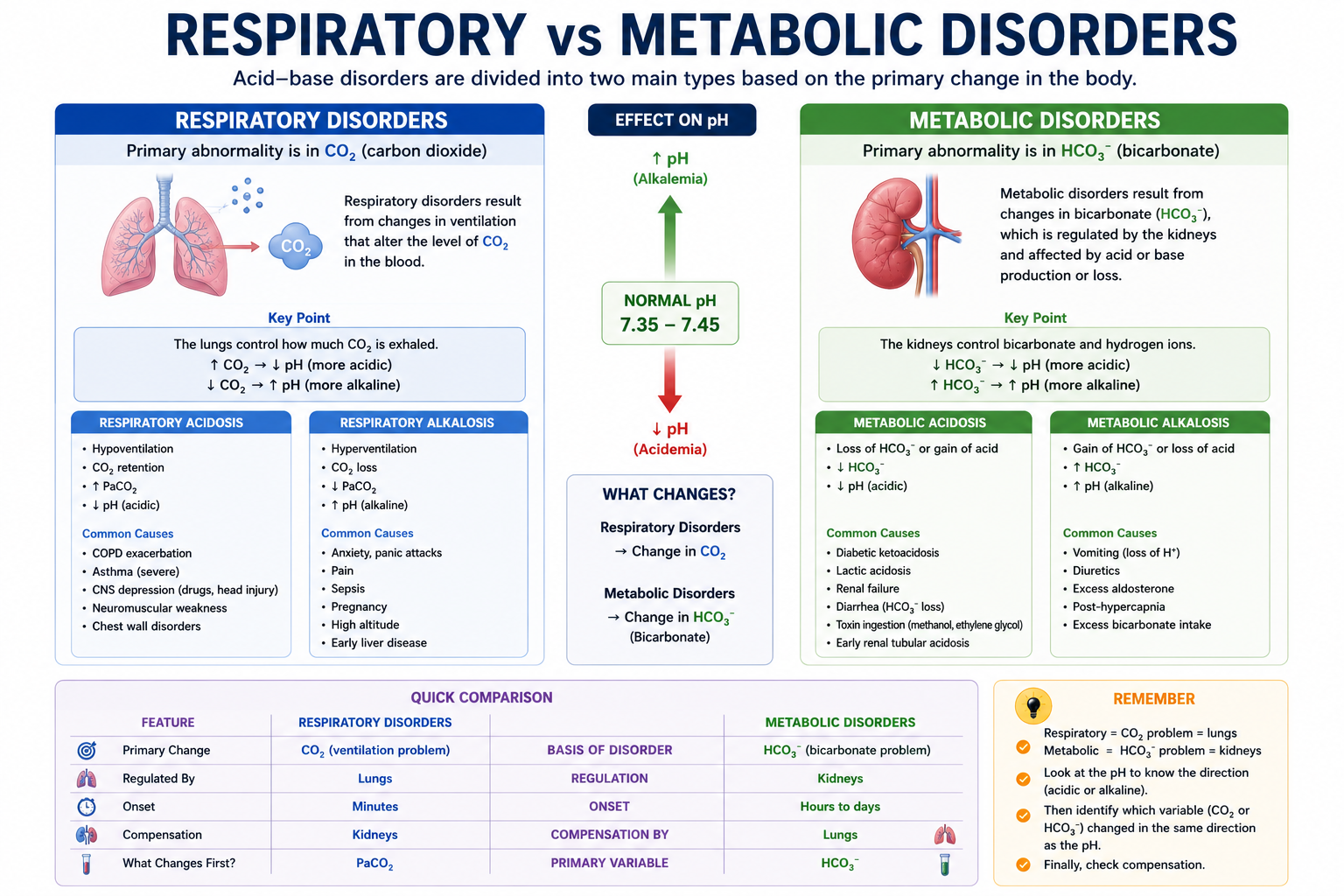 Respiratory versus metabolic acid-base disorders showing CO2 and bicarbonate as primary variables