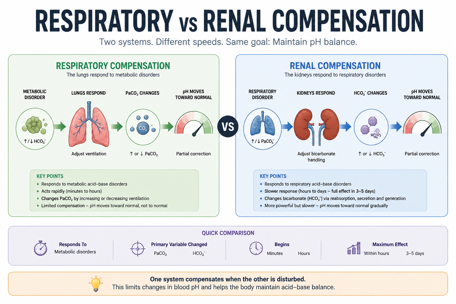 Comparison of respiratory and renal compensation showing the organ, target variable and time course of each