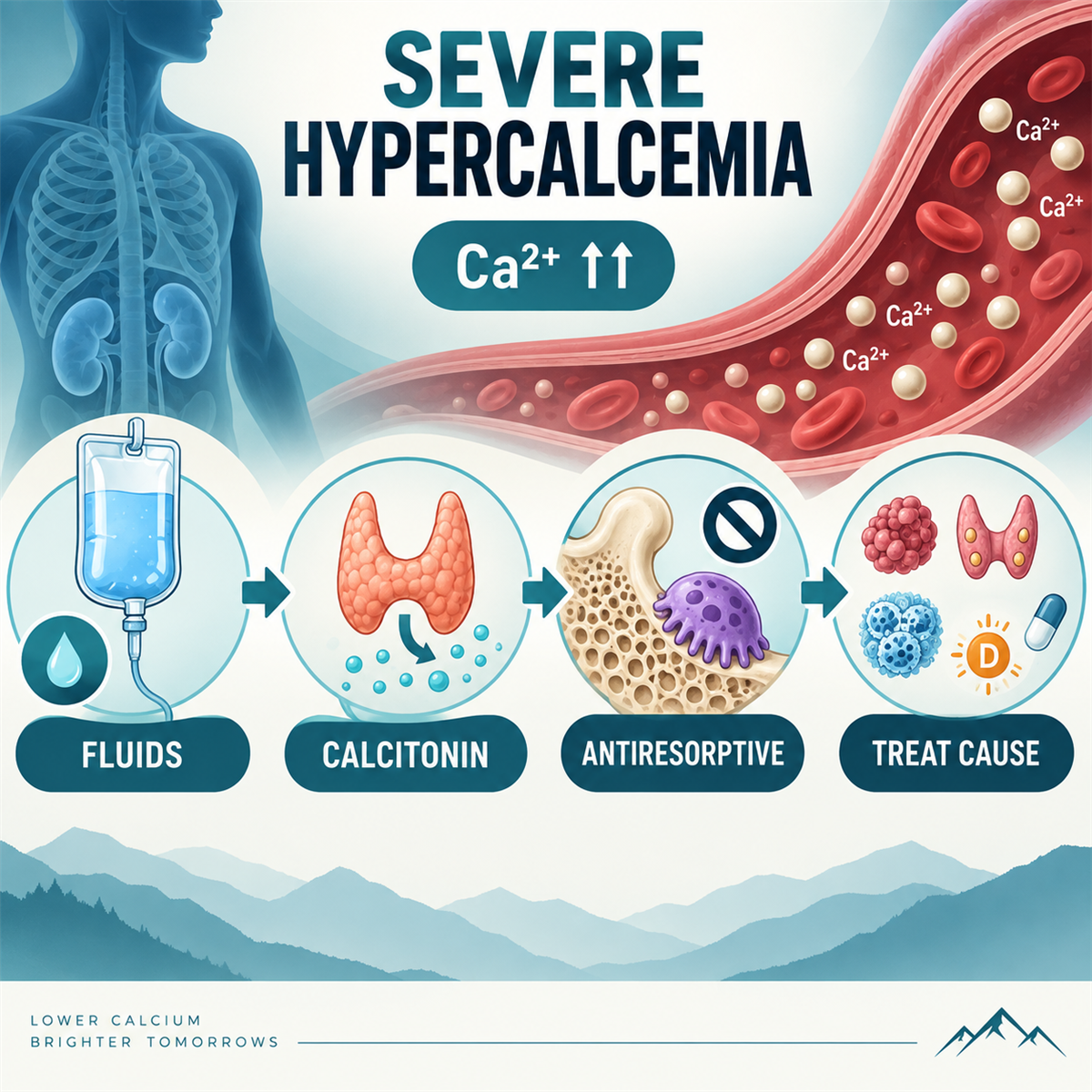 Medical illustration showing the emergency management sequence for severe hypercalcemia with IV fluids, calcitonin, antiresorptive treatment and cause-specific therapy.