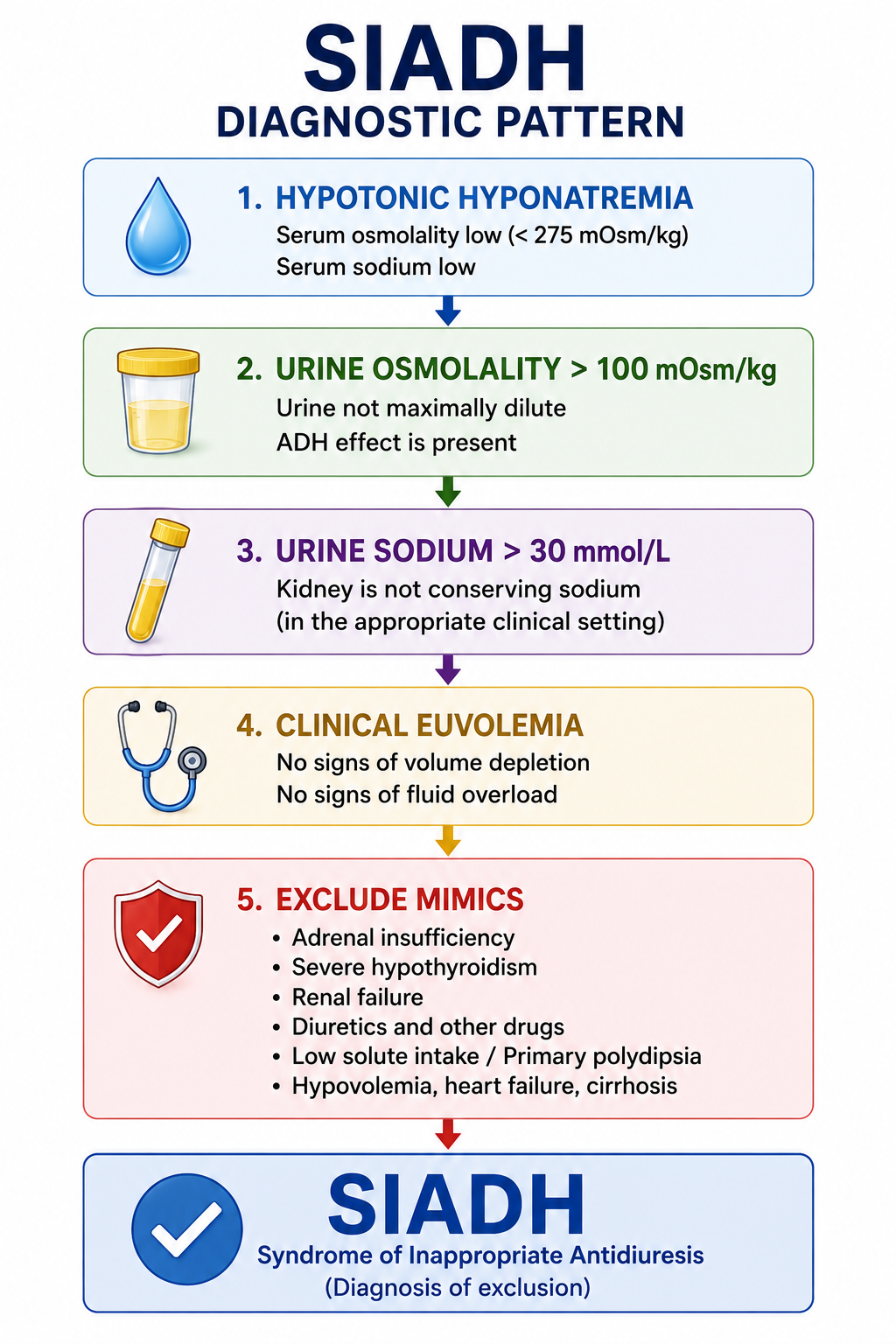 Diagnostic pattern of SIADH showing hypotonic hyponatremia, urine osmolality above 100, urine sodium above 30, and exclusion of mimics