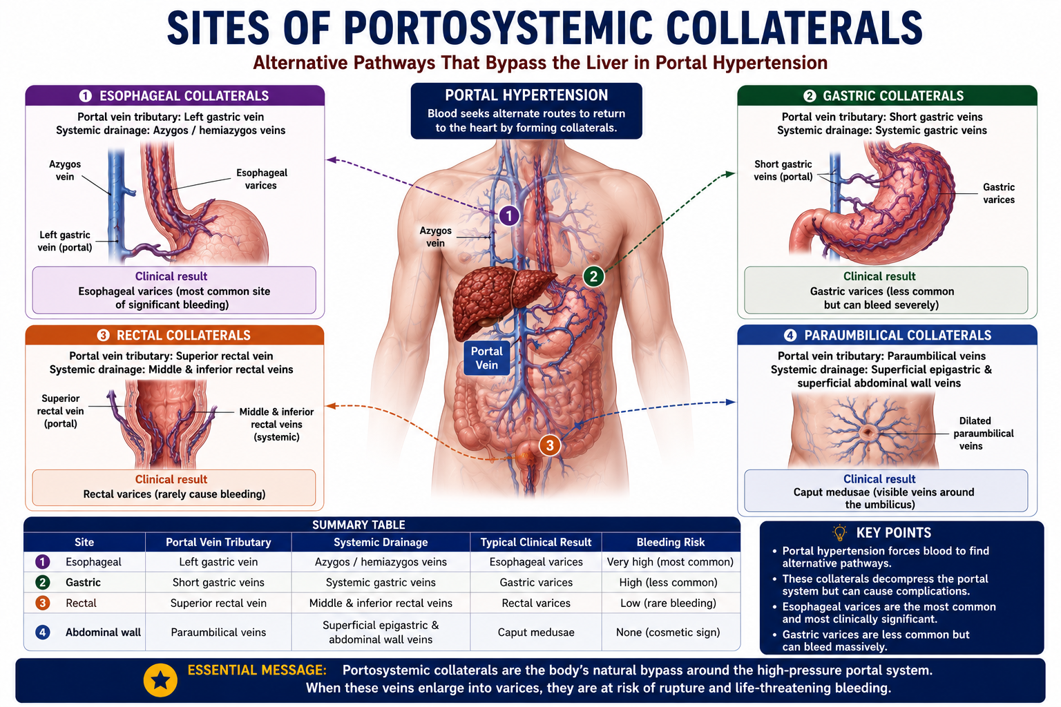 Anatomical diagram showing the four main portosystemic collateral sites: distal esophagus gastric fundus rectum and umbilicus with portal and systemic vein connections