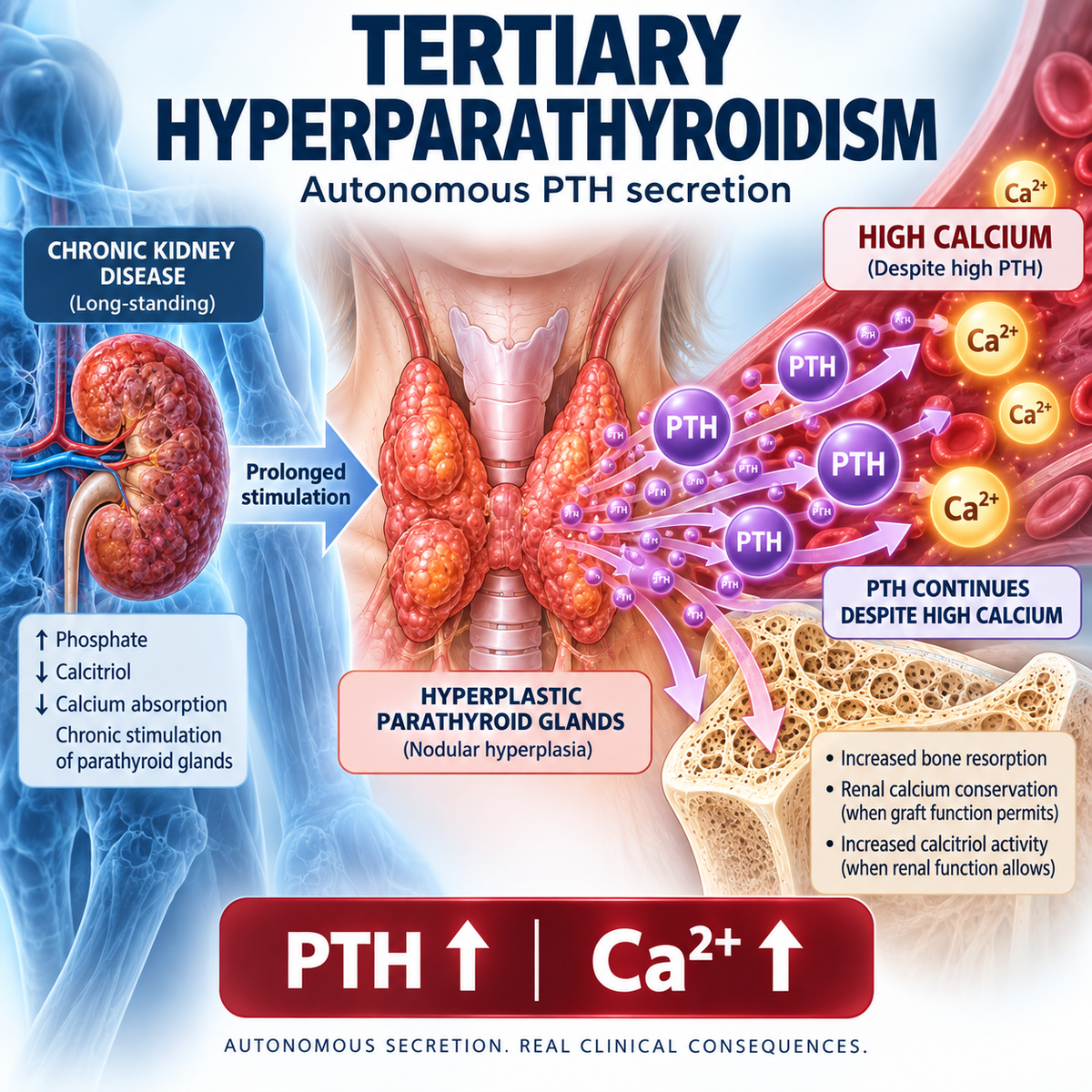 Tertiary hyperparathyroidism showing autonomous PTH secretion from enlarged parathyroid glands despite elevated serum calcium.