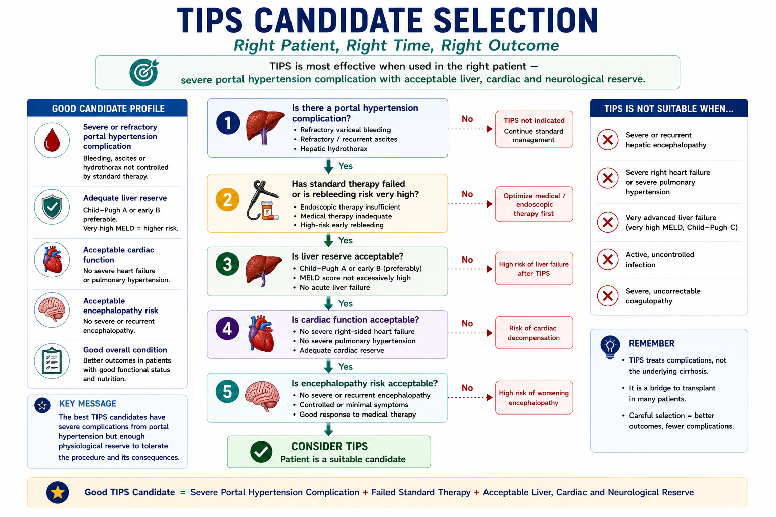 Flowchart showing candidate selection for TIPS including refractory portal hypertension complication failed standard therapy adequate liver reserve acceptable cardiac function and acceptable encephalopathy risk