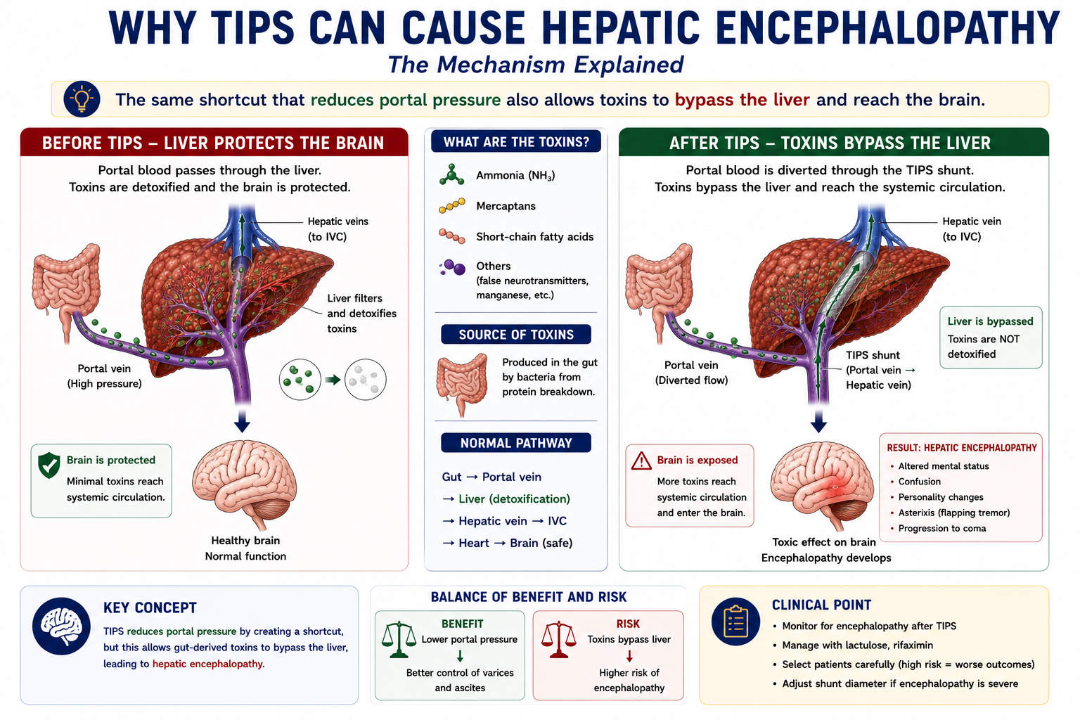 Diagram comparing portal blood detoxification pathway before TIPS where the liver partially removes ammonia against after TIPS where blood bypasses the liver via the stent delivering higher ammonia loads directly to the brain causing encephalopathy