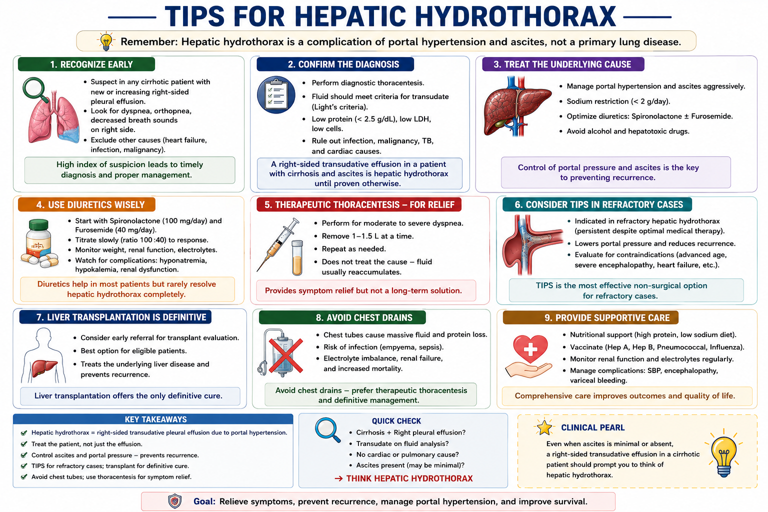 Diagram showing TIPS reducing portal pressure decreasing ascites formation and thereby reducing the volume of fluid crossing the diaphragm to improve hepatic hydrothorax