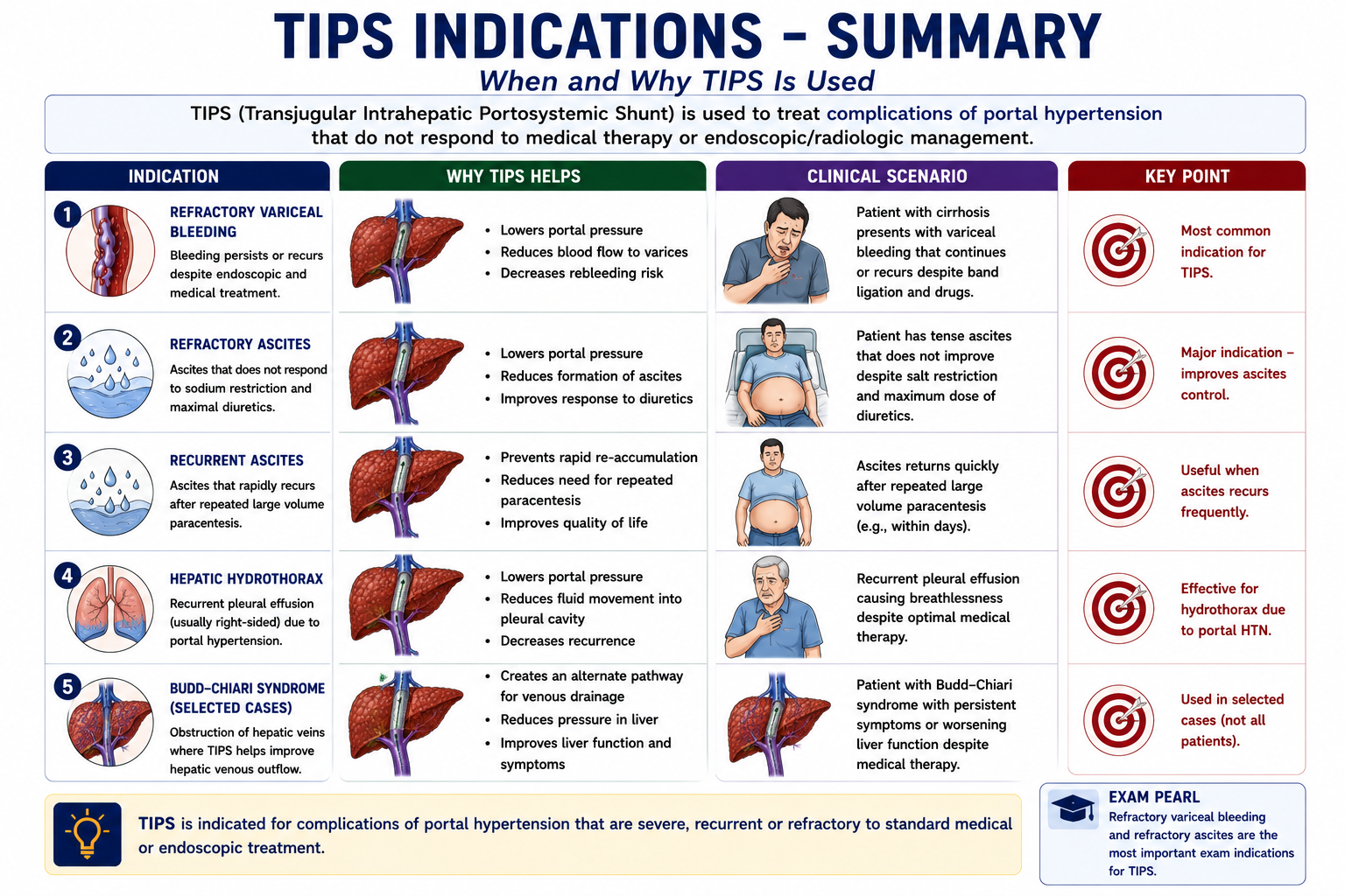 Summary diagram of TIPS indications including refractory variceal bleeding refractory ascites hepatic hydrothorax and selected Budd-Chiari syndrome all connected to the common mechanism of portal pressure reduction