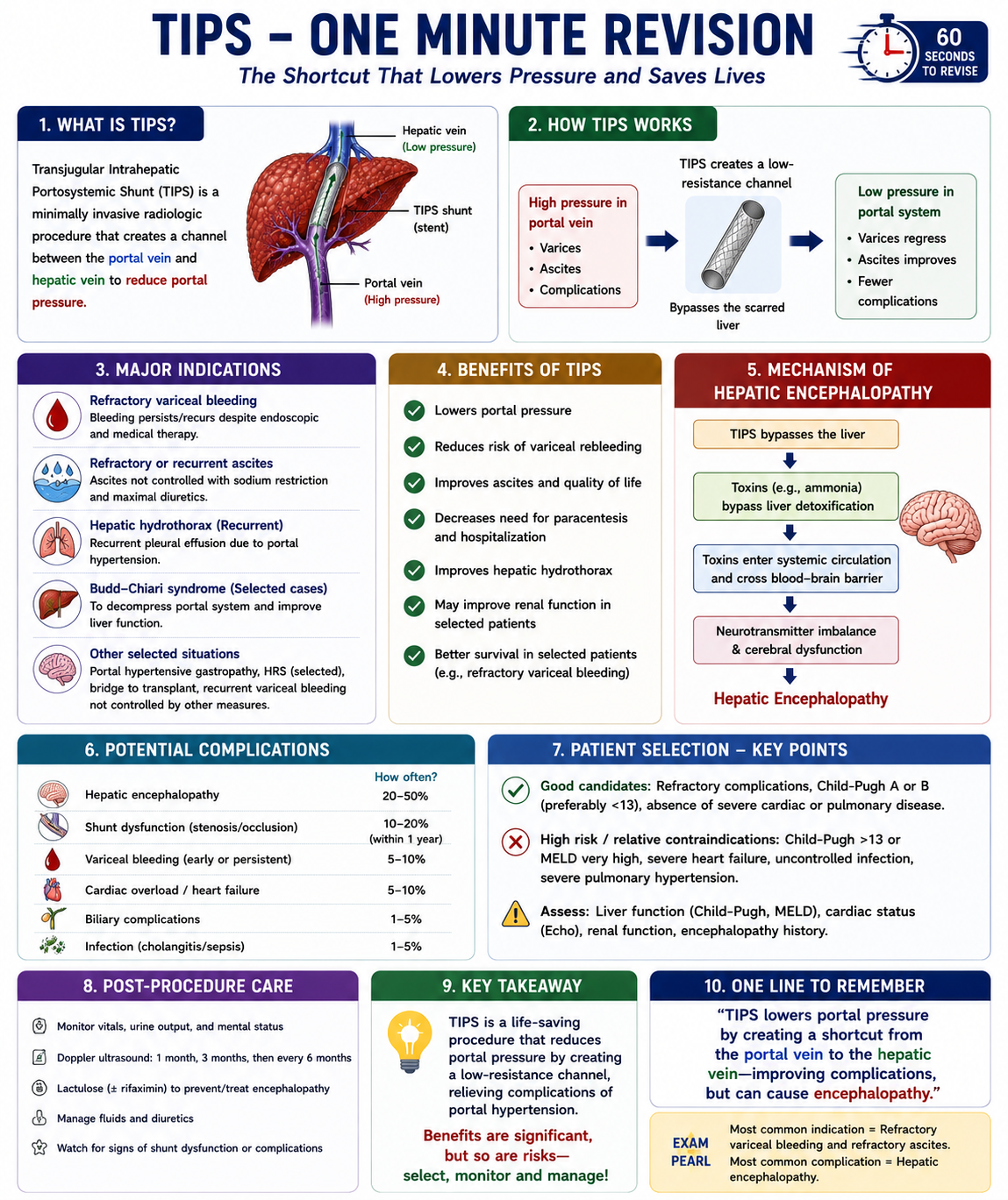 One-minute revision summary of TIPS showing cirrhosis causing portal hypertension TIPS creating a bypass shortcut portal pressure falling and improving varices and ascites but portal blood bypassing liver increasing hepatic encephalopathy risk