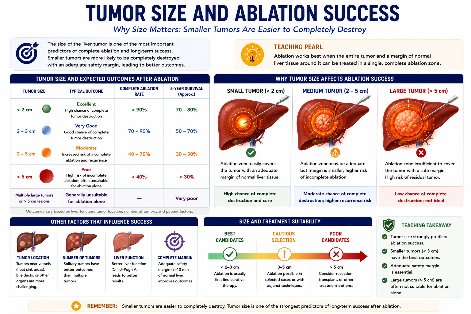 Tumor size and ablation success showing best outcomes under two centimeters good outcomes two to three centimeters and reduced success in larger tumors