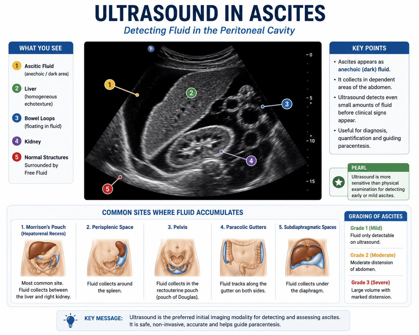 Ultrasound image showing anechoic ascitic fluid surrounding the liver and between bowel loops in the peritoneal cavity