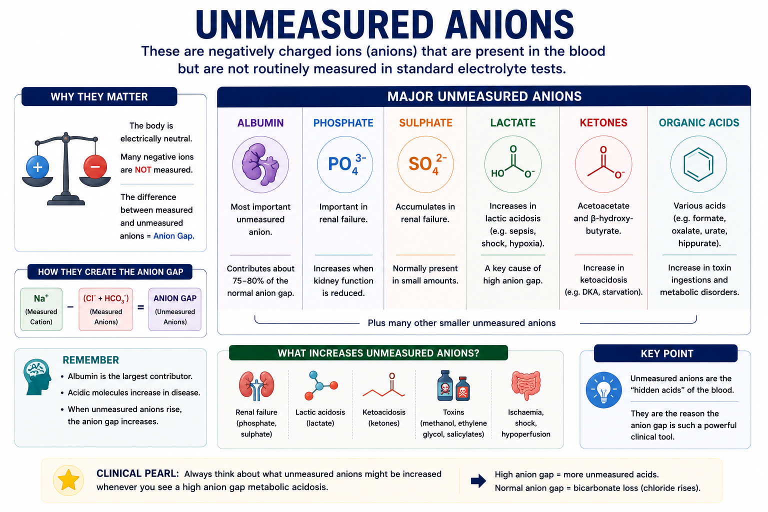Unmeasured anions contributing to the anion gap including albumin phosphate sulphate lactate ketones and organic acids