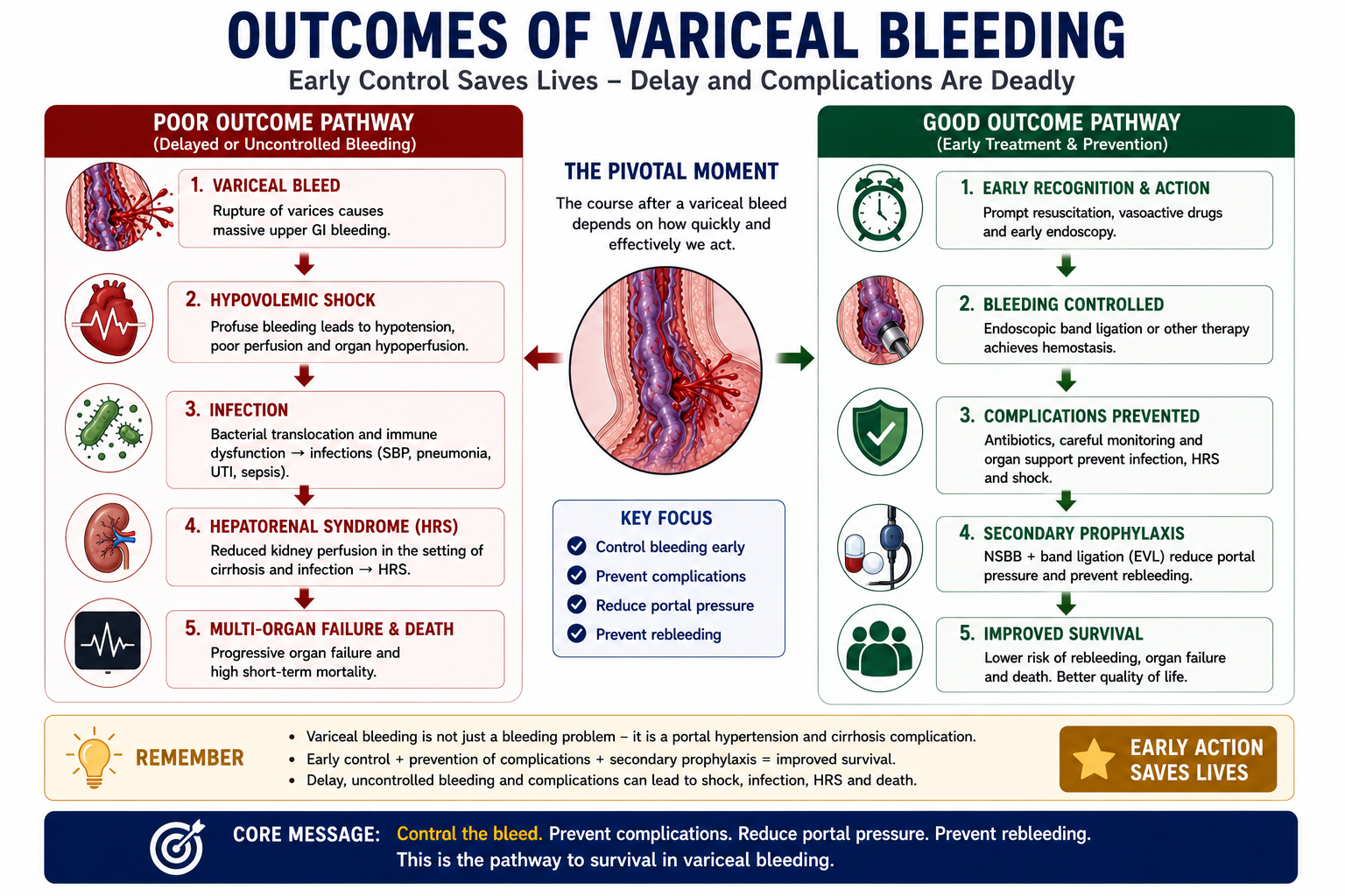 Infographic showing outcomes of variceal bleeding including shock infection hepatorenal syndrome death and improved outcomes with early treatment and secondary prophylaxis