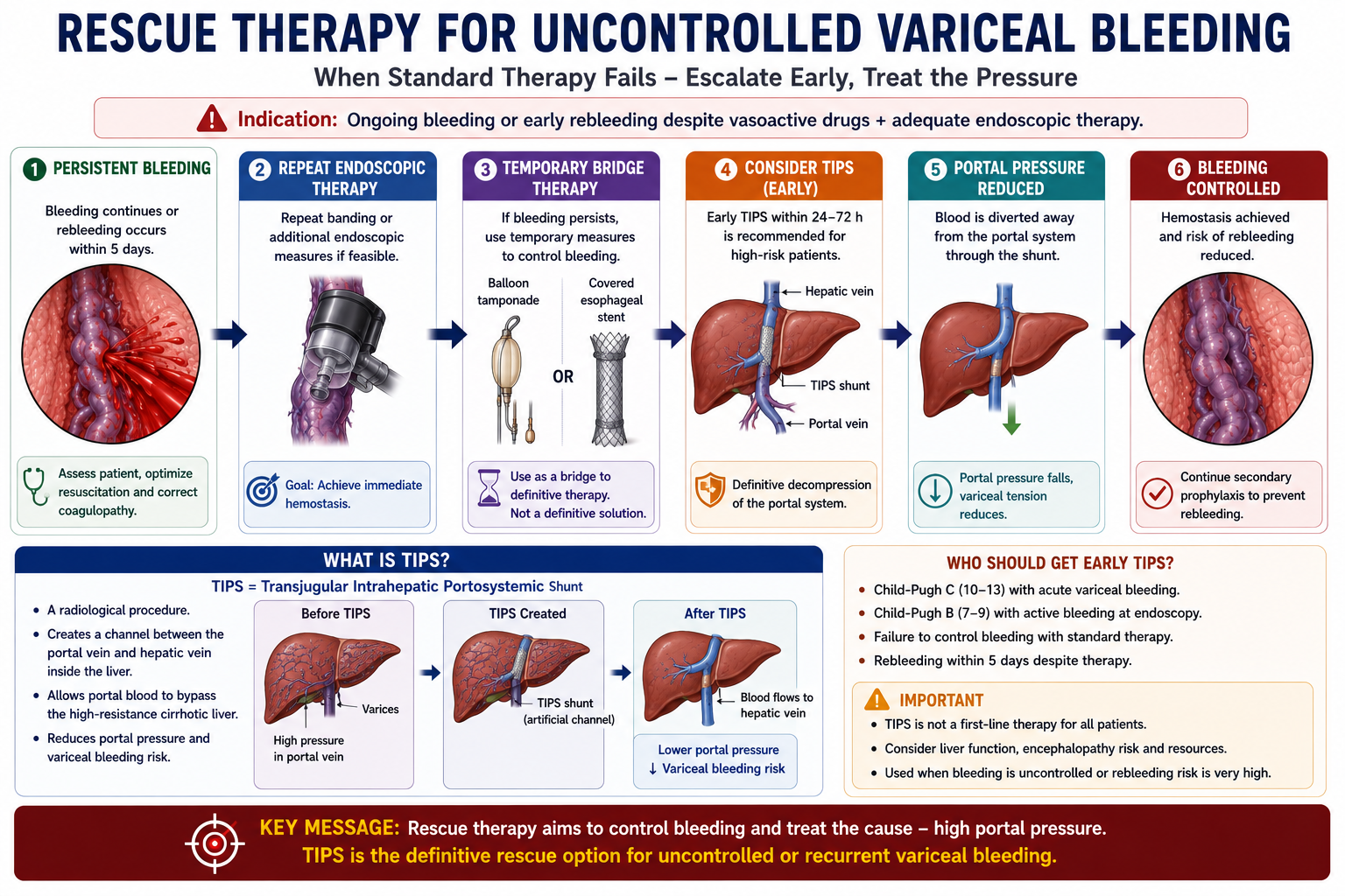 Flowchart showing rescue therapy for uncontrolled variceal bleeding including repeat endoscopy balloon tamponade covered stent and TIPS for portal decompression