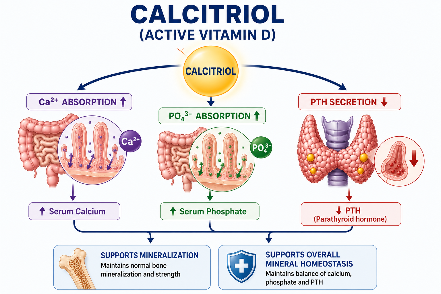 Diagram showing calcitriol increasing intestinal calcium and phosphate absorption while contributing to suppression of PTH.