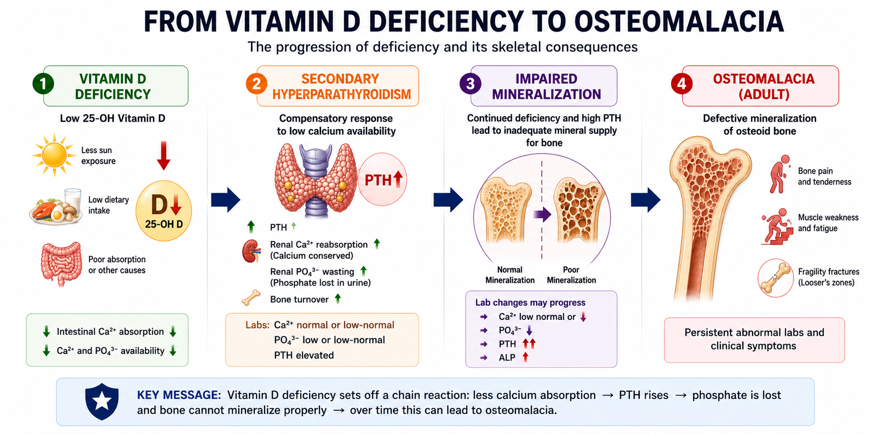 Diagram showing how severe prolonged vitamin D deficiency can cause secondary hyperparathyroidism, impaired mineralization and osteomalacia.