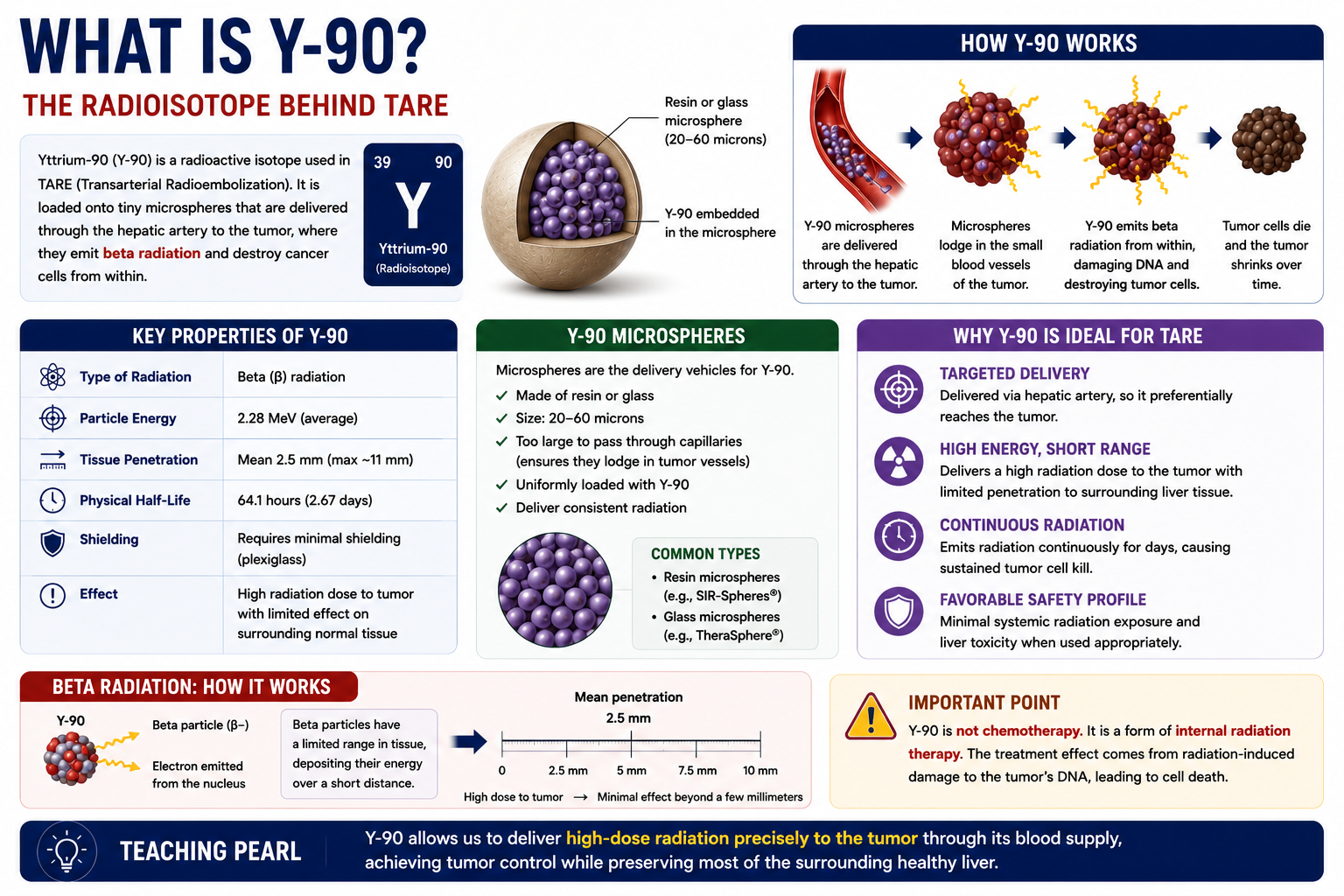 What is Y90 showing radioactive isotope beta radiation microsphere delivery limited tissue penetration and tumor destruction